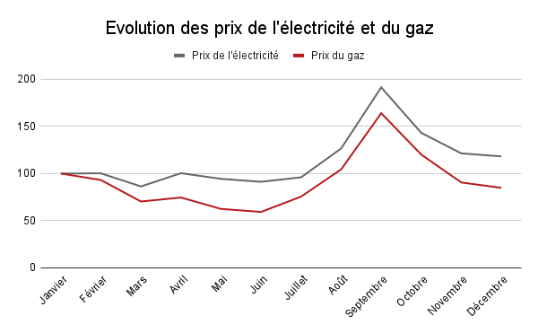 Evolution mensuelle des prix de l'électricité et du gaz